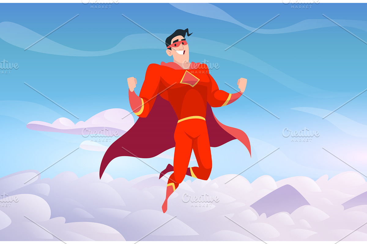 Hero in sky. superhero in red, an Illustration by Onyx