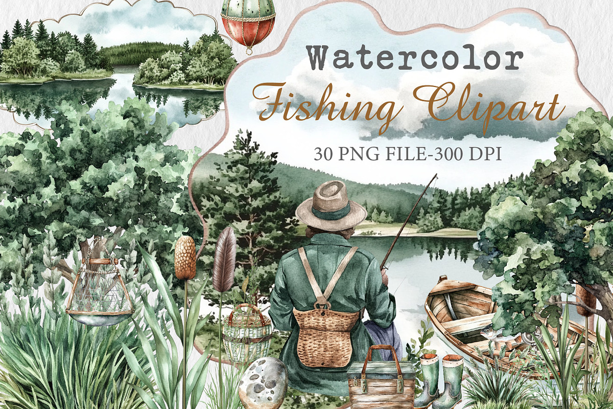 Watercolor Fishing Clipart, an Illustration by Libby Wishes (Photo 1 of 7)