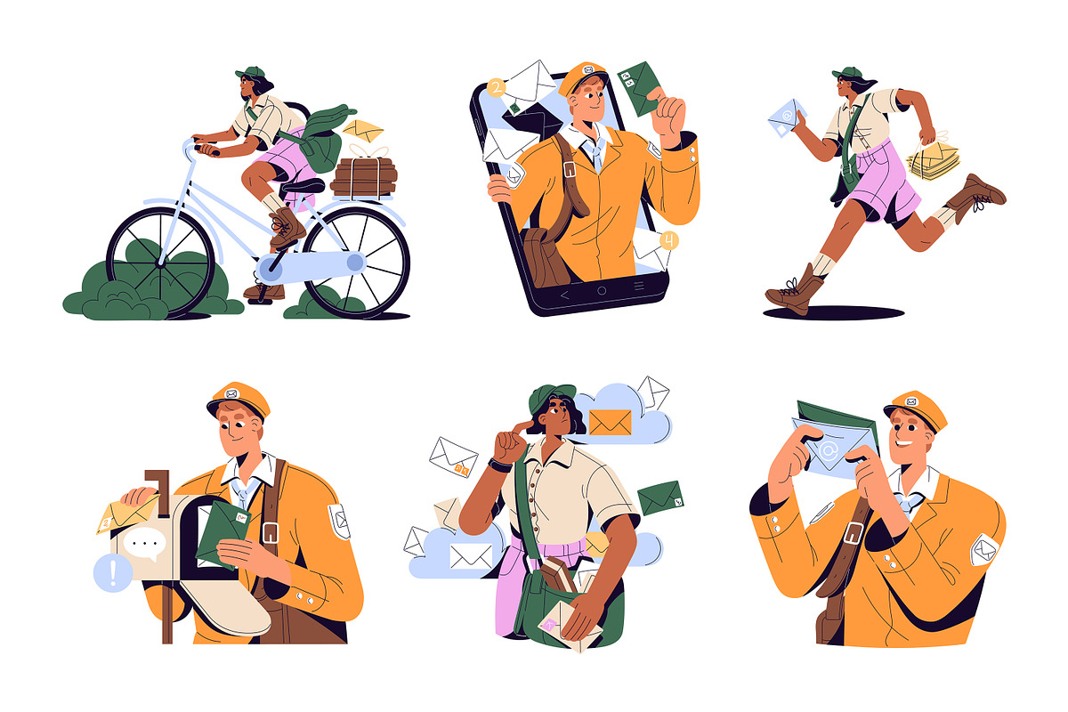 Postmen delivering letters, mail set, a Person Illustration by PaperTrident (Photo 1 of 13)