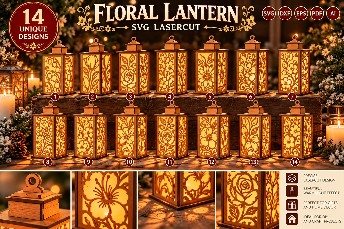 Floral Lantern SVG Bundle Laser Cut, a Decorative Illustration by OTVEY DESIGN (Photo 1 of 14)