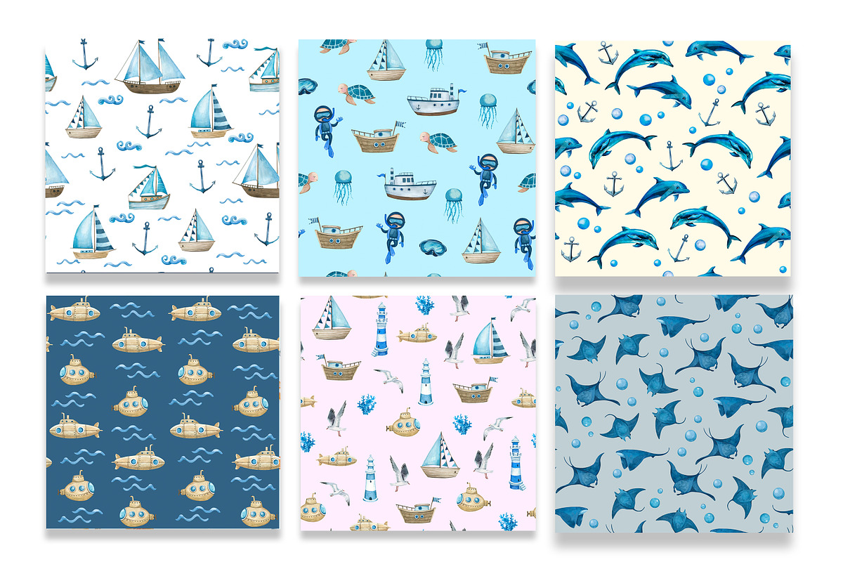 Watercolor Nautical Marine Patterns, a Pattern Graphic by PatternPalette (Photo 2 of 12)