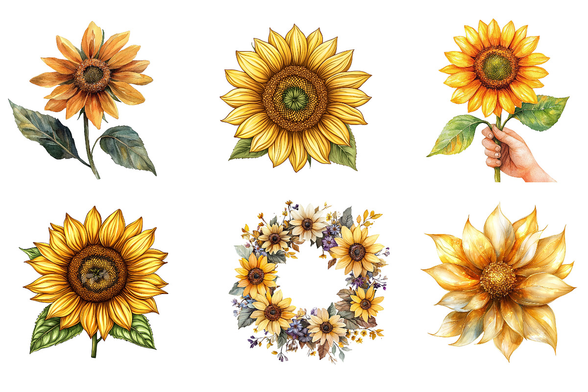 Watercolor Summer Sunflower Clipart, an Illustration by SinaCreation (Photo 3 of 5)