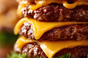 Delicious cheeseburger with melted cheese and fresh toppings, a Food & Drink Photo by AlyaAnd