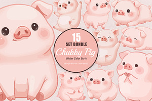 15 Bundle Watercolor Chubby Pig Pink, an Animal Illustration by Morspective