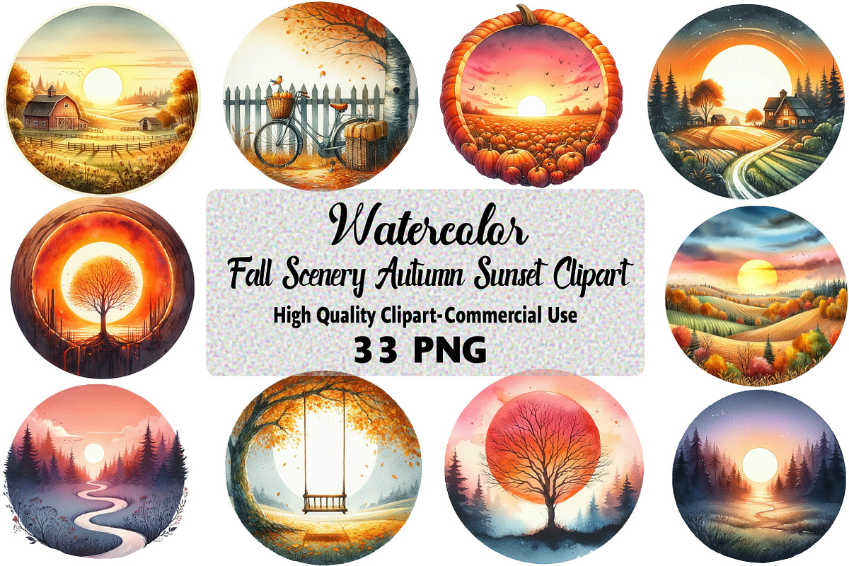 Watercolor Fall Scenery Autumn Sunse, an Illustration by Daily.Designs (Photo 1 of 5)