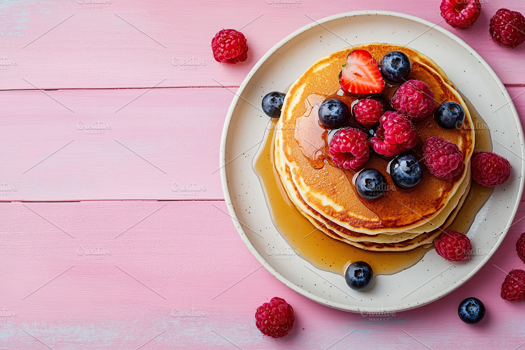 Delicious stack of pancakes topped with fresh berries and syrup on a pink plate, a Food & Drink Photo by AlyaAnd