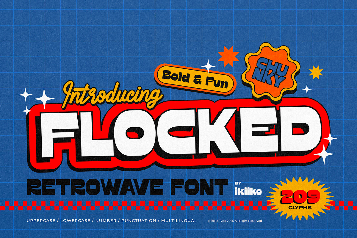 Flocked - Retrowave Font, a Sans Serif Font by ikiiko (Photo 1 of 7)