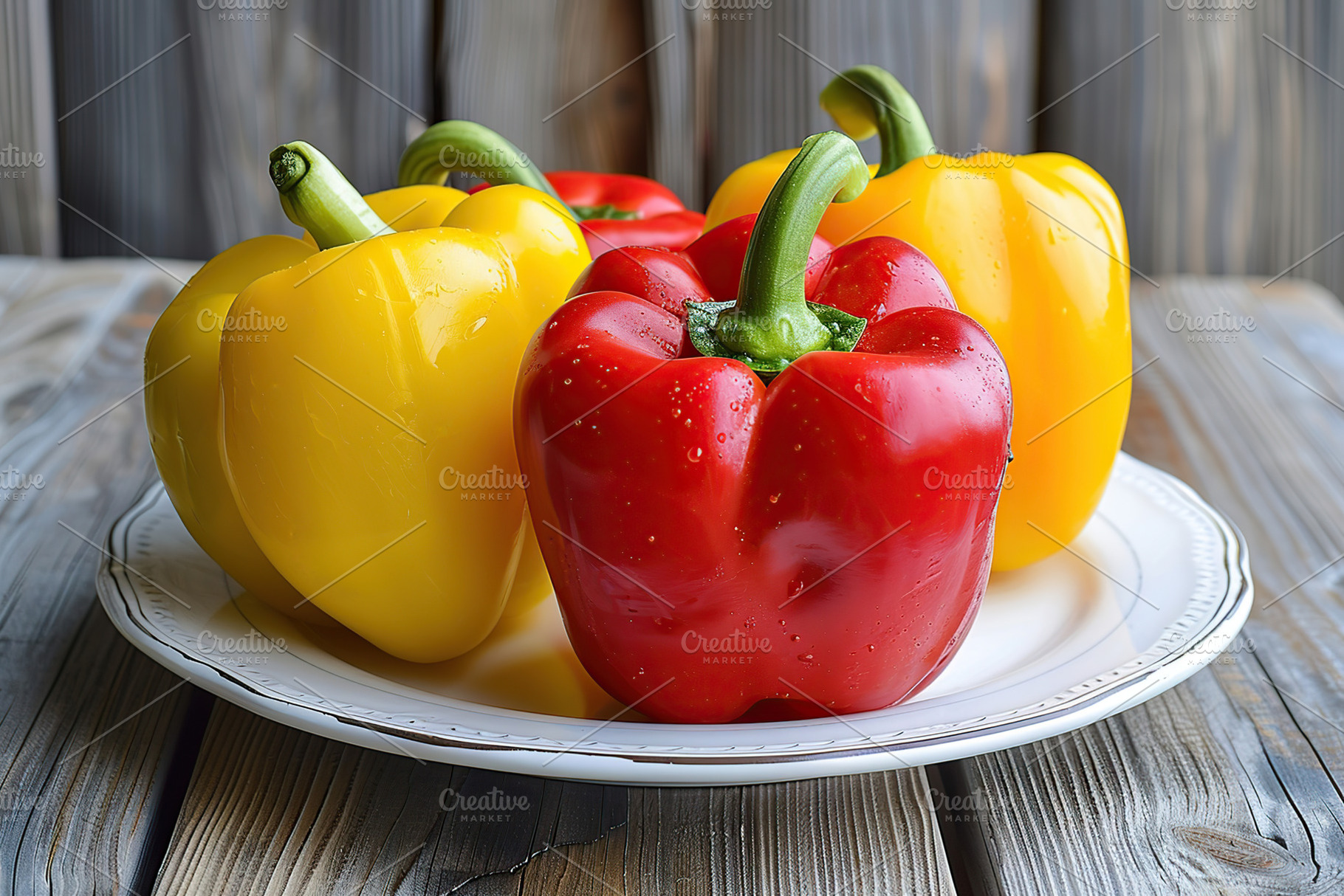 Ripe colorful peppers on wooden table, a Food & Drink Photo by AlyaAnd