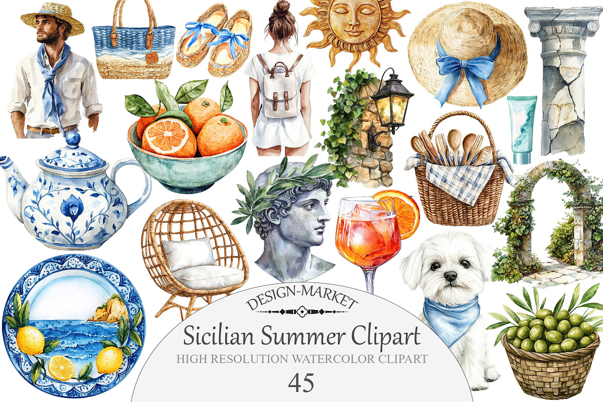 Watercolor Sicilian Summer Clipart, an Illustration by Design Market (Photo 1 of 5)