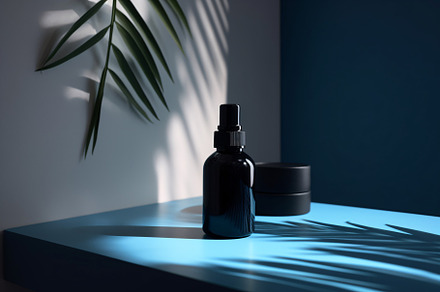 Black cosmetics on blue table palm, a Beauty & Fashion Photo by SL Studio