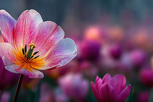 Single Pink Tulip in Bloom with Soft Colorful Bokeh Field Backgr, a Nature Photo by José Manuel Gelpi