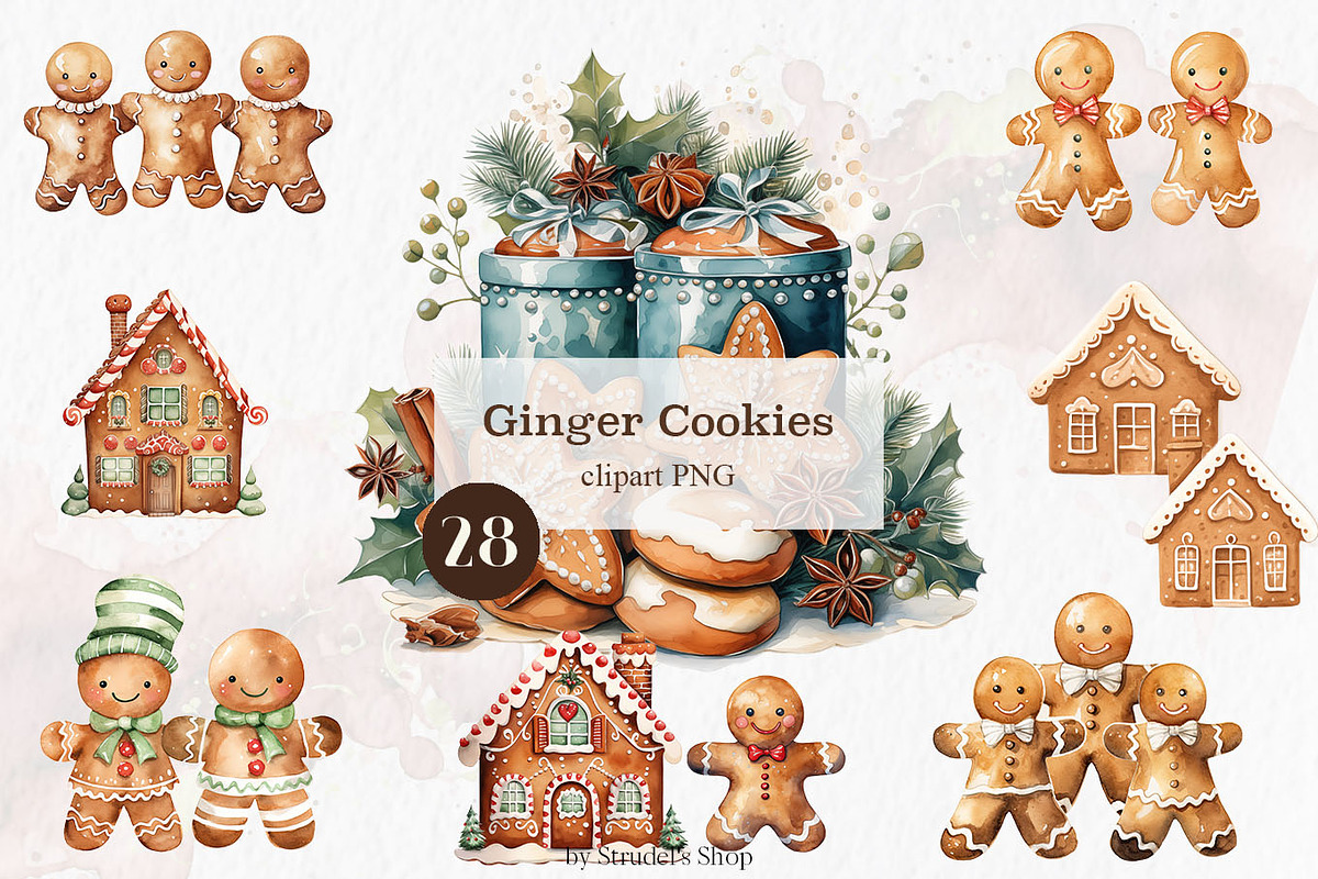Gingerbread cookies watercolor, an Object Graphic by MyLittleMeow (Photo 1 of 8)