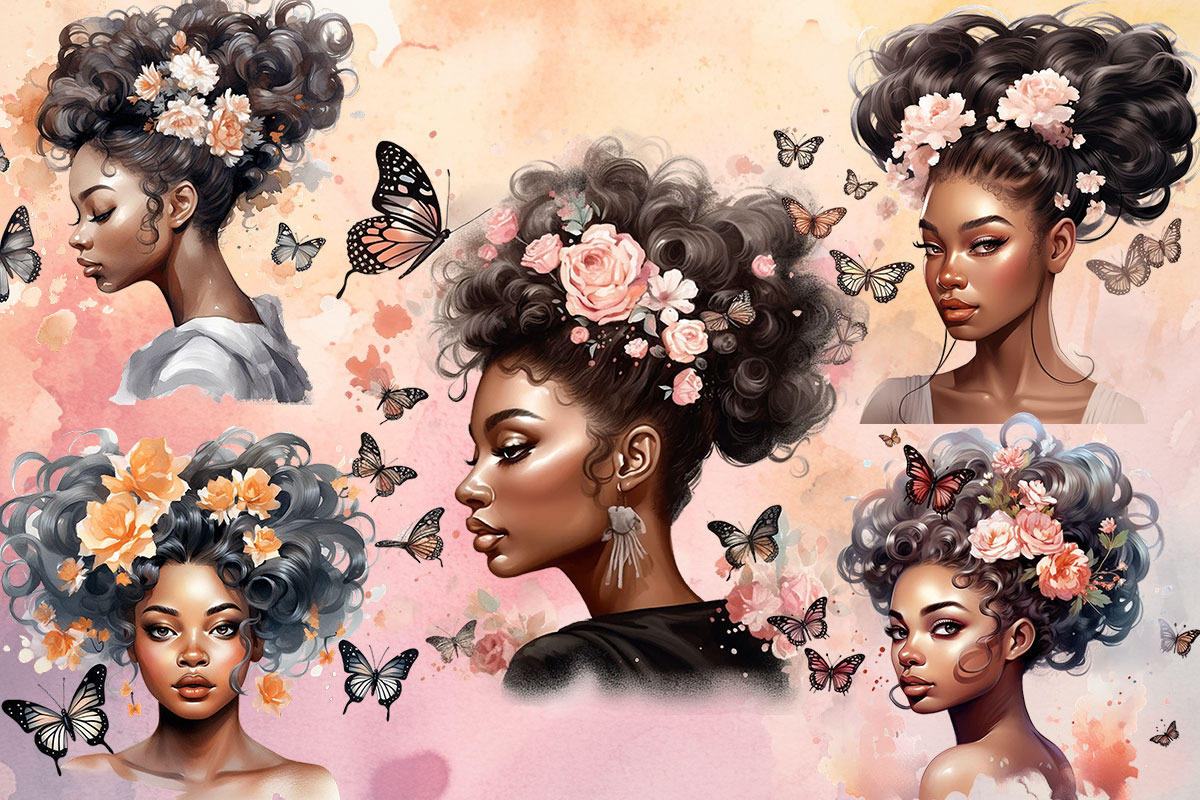 Black Girl Flower Watercolor Clipart, an Object Graphic by Pixxel_Studio (Photo 2 of 3)
