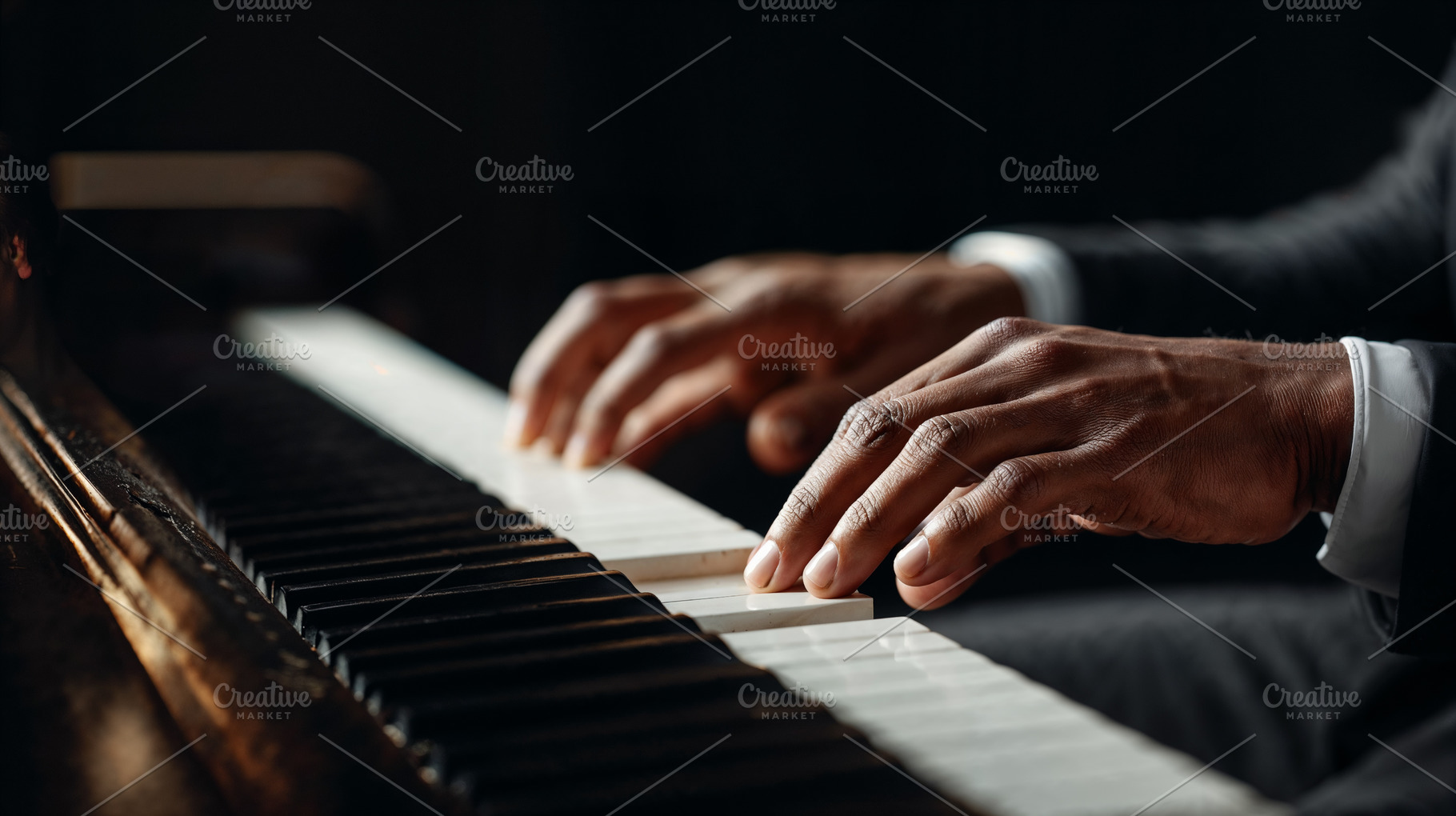 Elegant hands playing piano keys in a dimly lit room, a Person Photo by OSORIOartist
