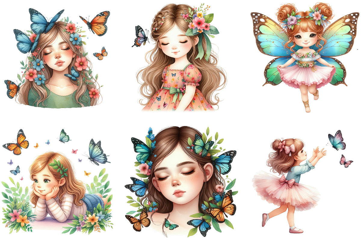Cute Girl and Butterflies Clipart, an Illustration by DreamArtGraphic (Photo 5 of 6)