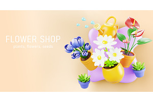 Flower Shop 3d Sale Banner. Floral