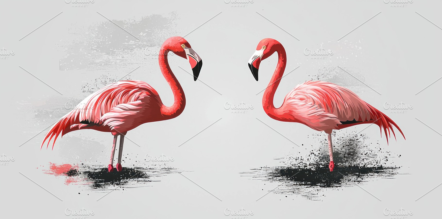 Two artistic flamingos facing each other on textured grunge back, an Animal Photo by José Manuel Gelpi
