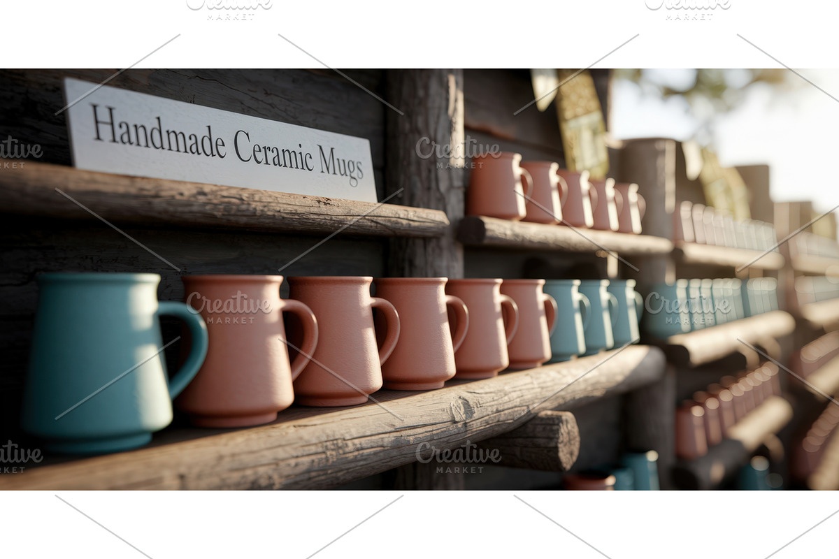 Handmade ceramic mugs displayed on, an Illustration by tilialucida