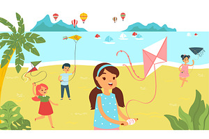 Group children running beach with