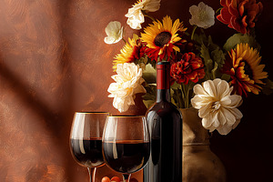 Still life featuring red wine glasses, a bottle, grapes, and cheese on a table,, a Food & Drink Photo by Studio ANNA