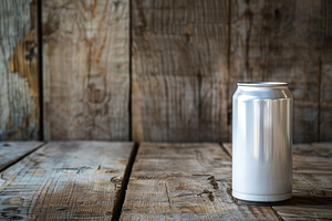 Blank aluminum can on wooden background, a Food & Drink Photo by AlyaAnd