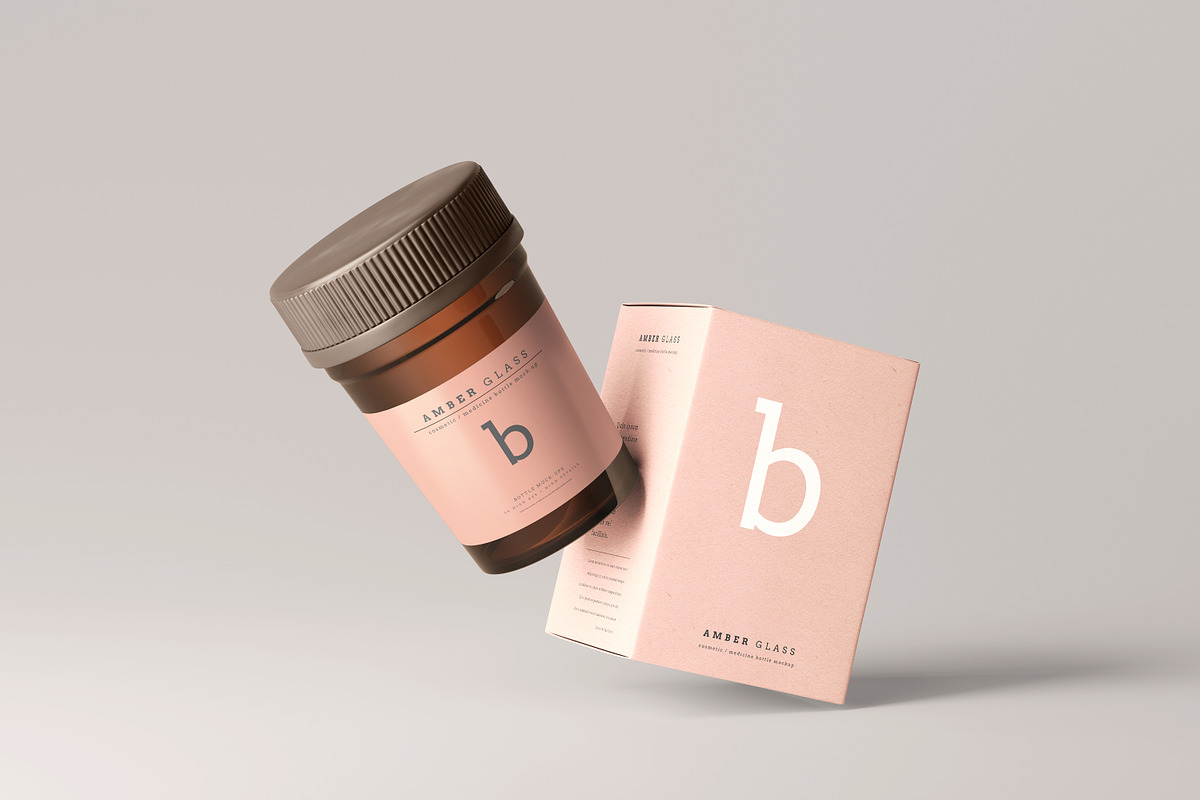 Amber Glass Pills Bottle Mockups, a Cups & Container Mockup by pmvch (Photo 13 of 20)