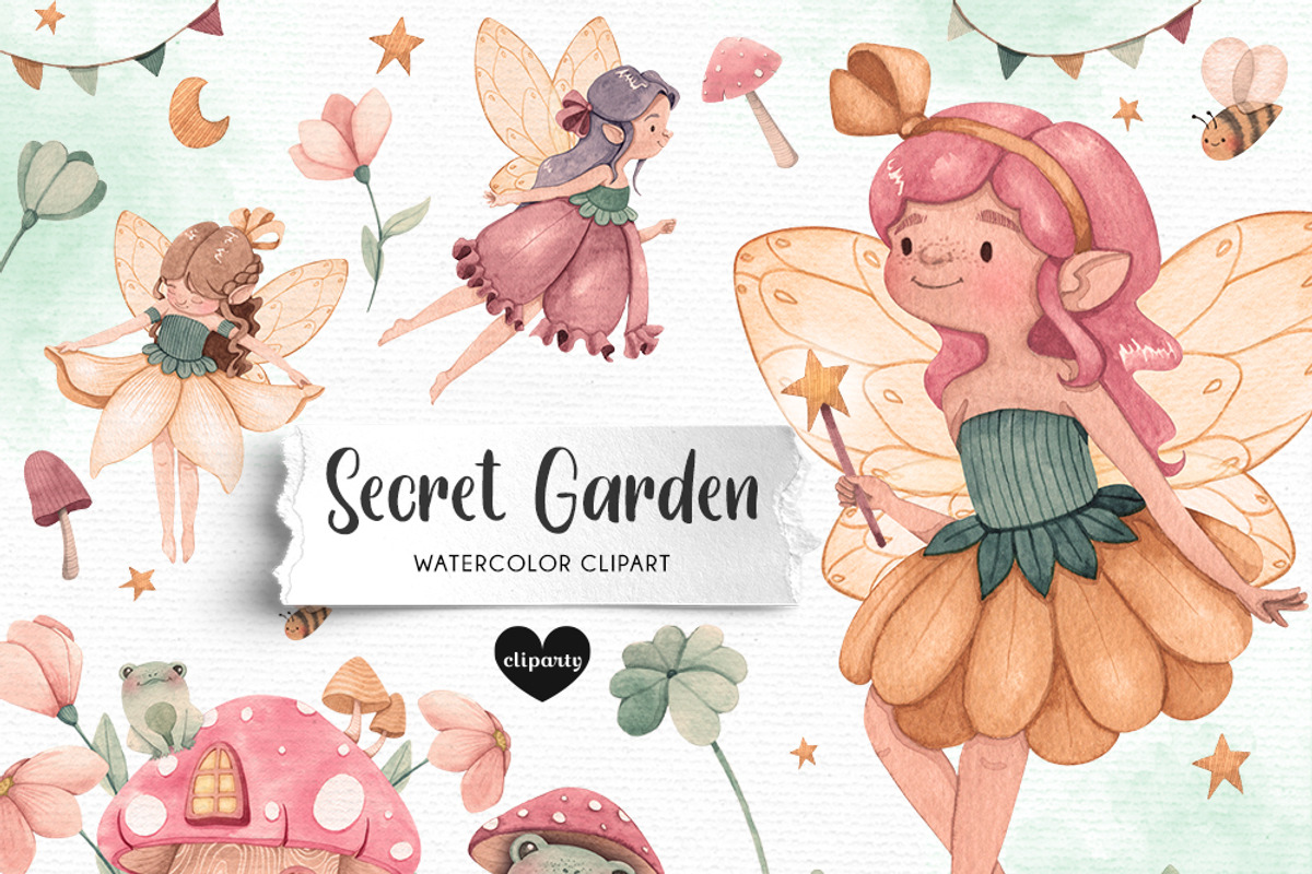 Fairy Garden Watercolor Clipart, an Illustration by Gau Silva Studio (Photo 1 of 5)