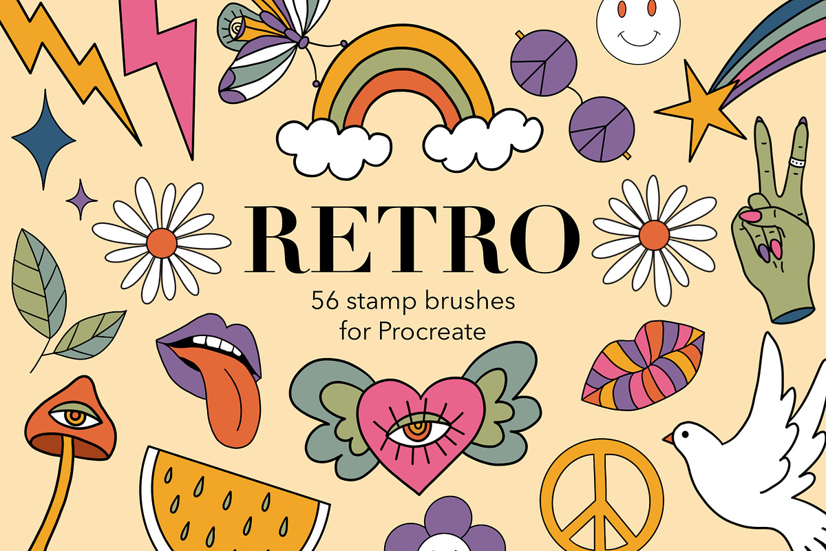 56 Groovy retro Procreate stamps, a Brush Add-On by Veronika Gotovceva (Photo 1 of 4)