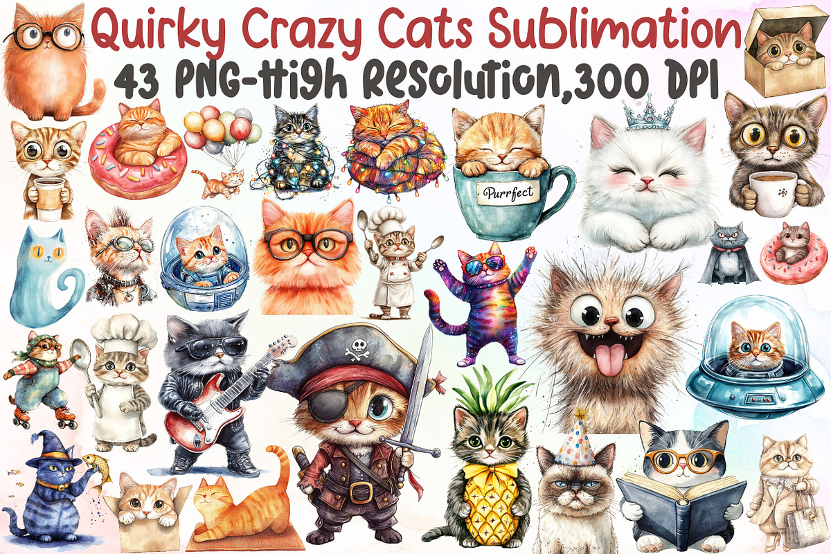 Quirky Crazy Cats Sublimation Clipar, an Illustration by Sublimation Artist (Photo 1 of 6)