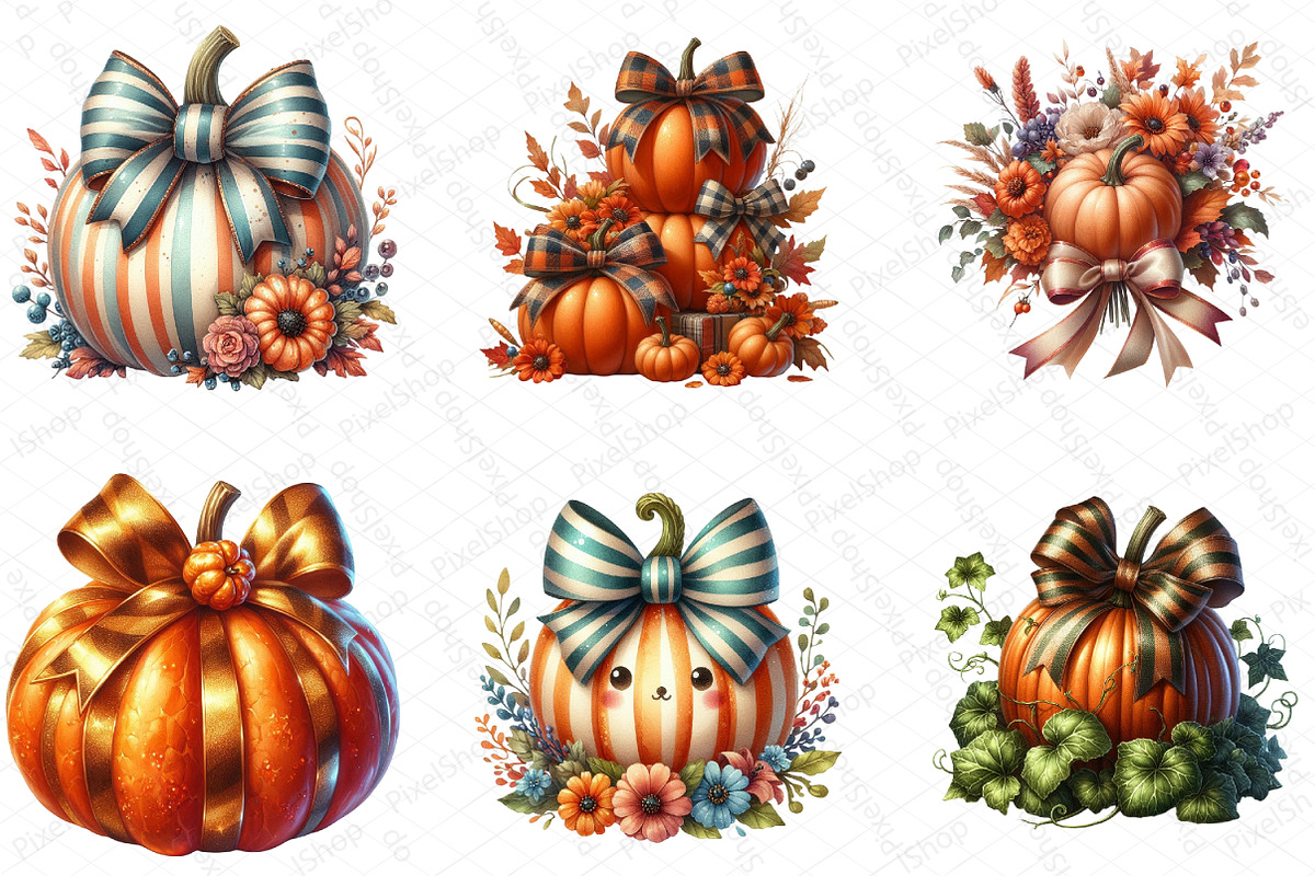 Watercolor Fall Bow Pumpkins Clipart, an Illustration by DreamPrint404 (Photo 2 of 6)