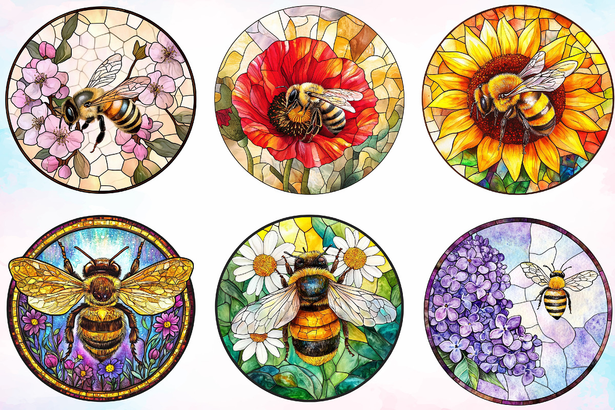Bee with Flowers Round Stained Glass, an Illustration by Canvas Craft (Photo 2 of 4)