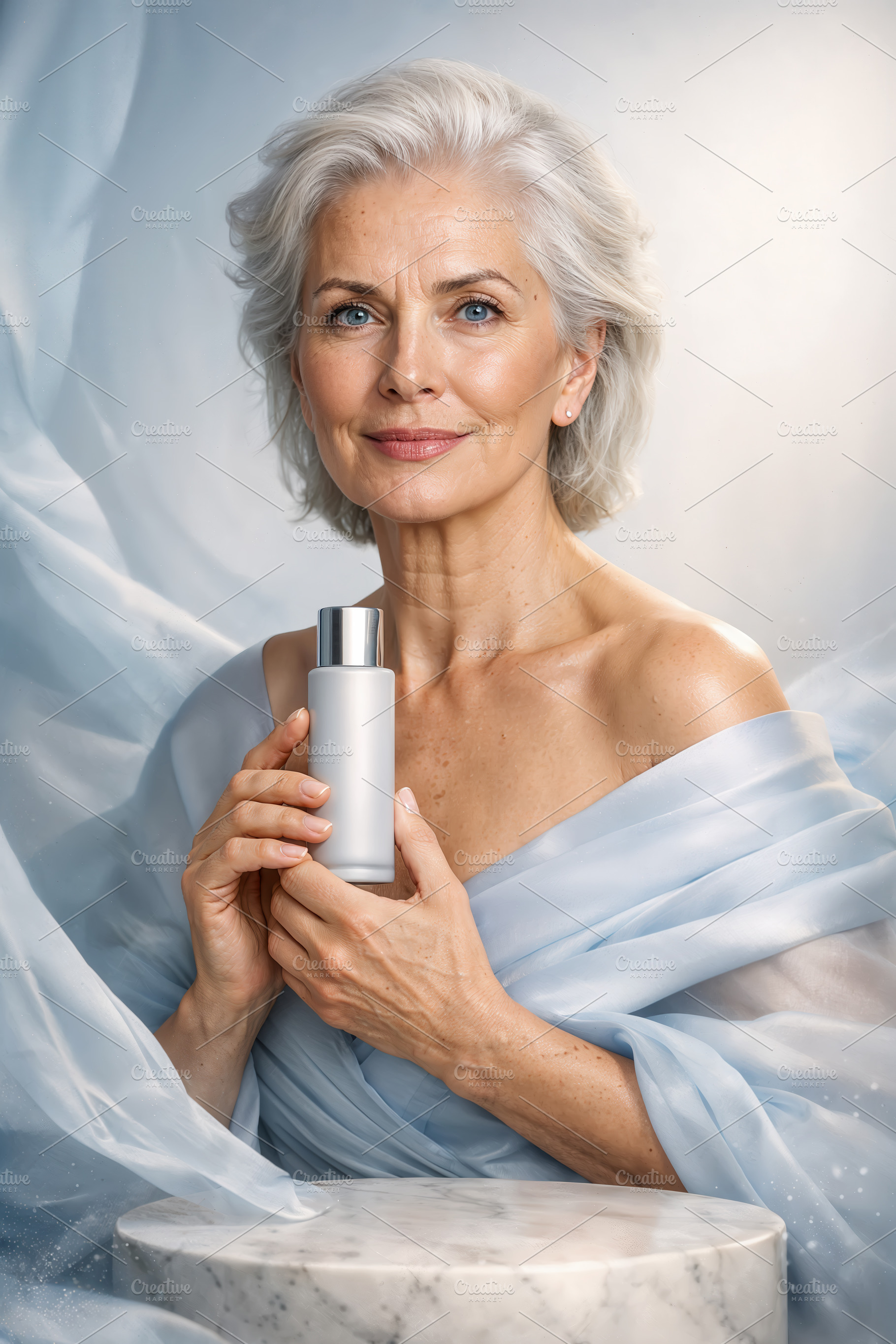 Mature woman holding a cosmetic bott, a Beauty & Fashion Photo by angellodeco