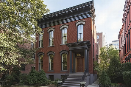 A beautiful red brick Federal style house building with large windows and a woo, an Architecture Photo by Textures & Backgrounds