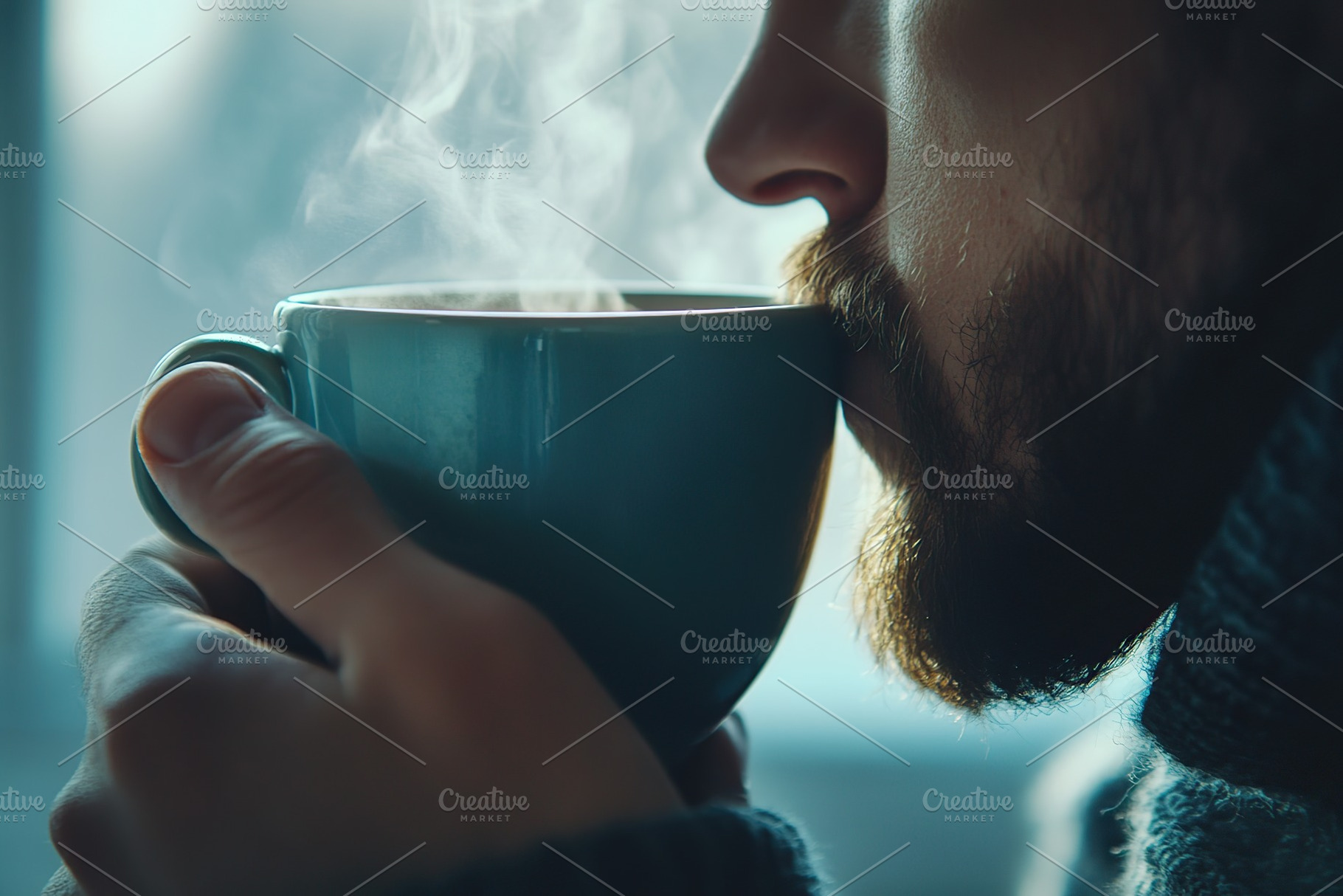 Sleepy man drinking hot coffee while having breakfast early in the morning, a Food & Drink Photo by AlyaAnd