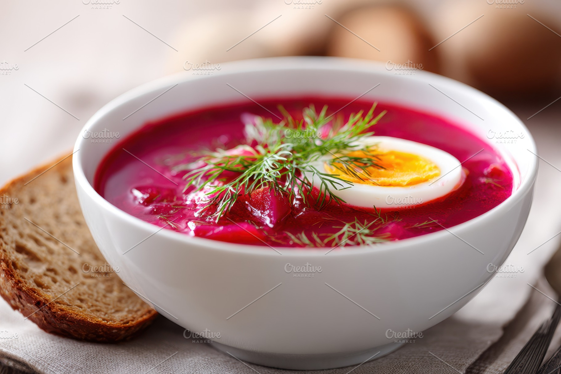 Beetroot soup with egg and herbs, a Food & Drink Photo by AlyaAnd