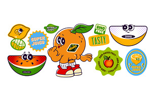 Retro fruit sticker set with cartoon, a Food Illustration by art PVP - market