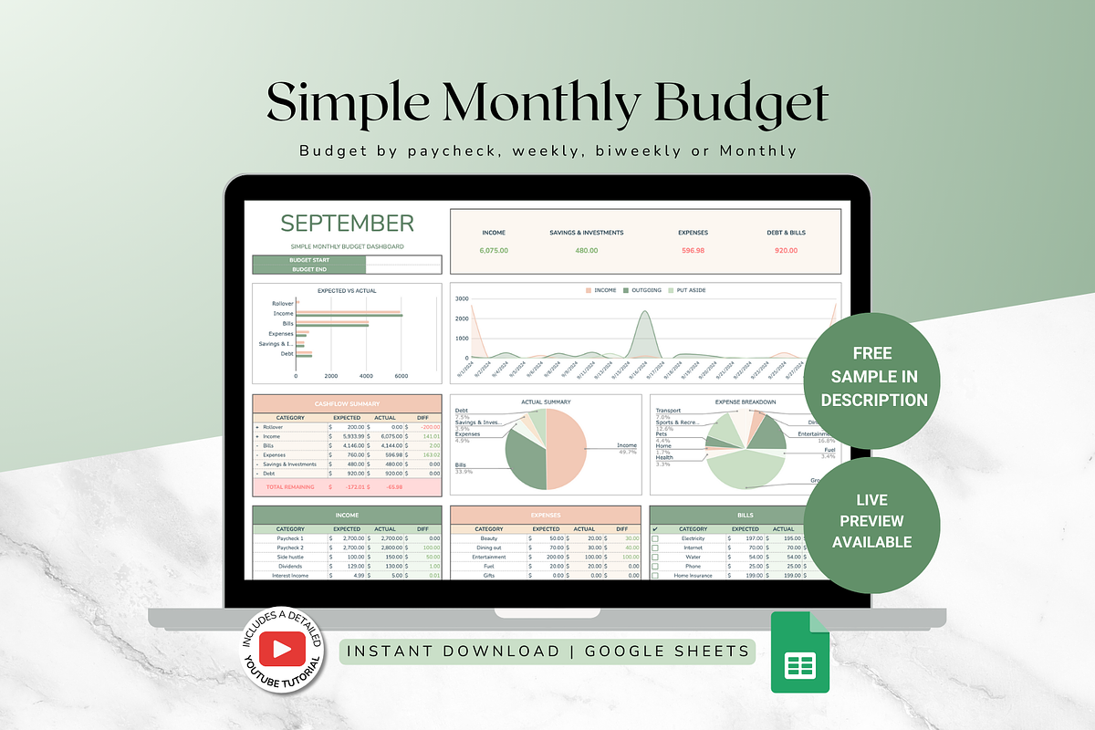 Simple Monthly Budget - Green, a Templates & Theme by The Creative Plans co (Photo 1 of 10)