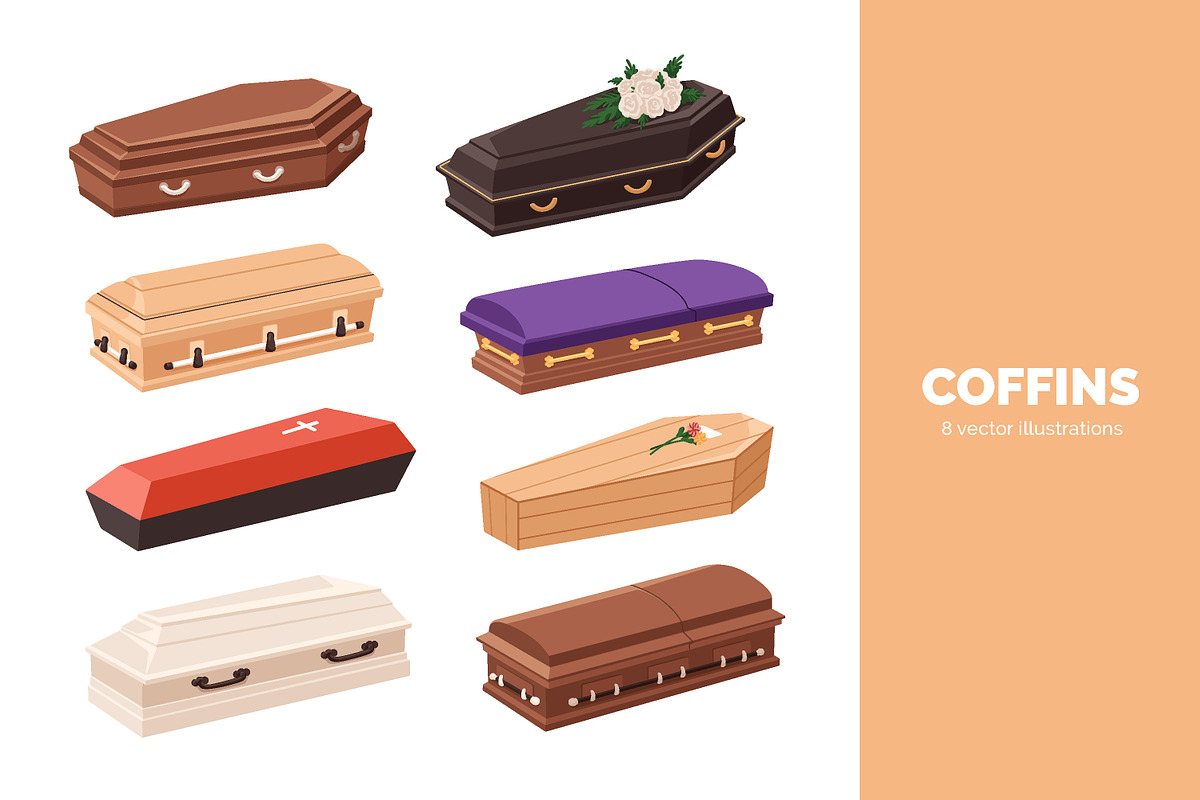 Coffins, funeral wood caskets set, an Object Illustration by Good Studio (Photo 1 of 3)