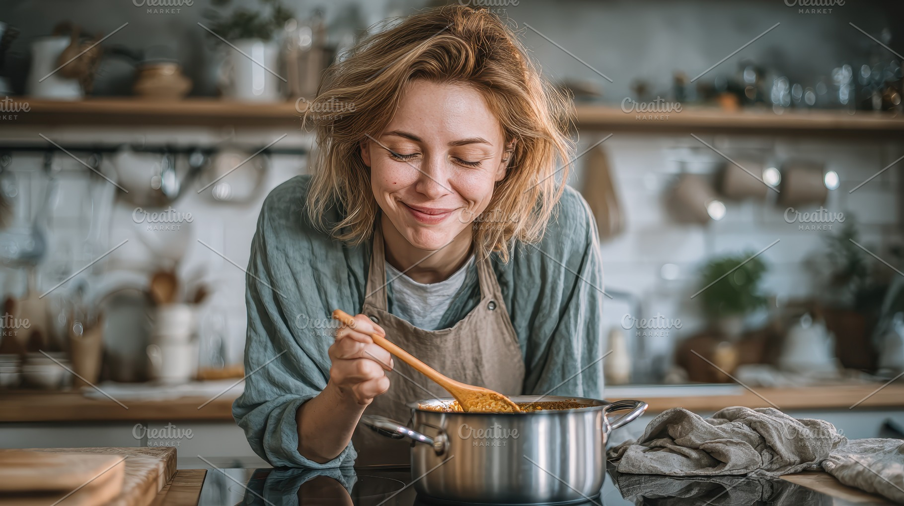 Woman cooking delicious food in kitc, a Photo by Pixeness Studio