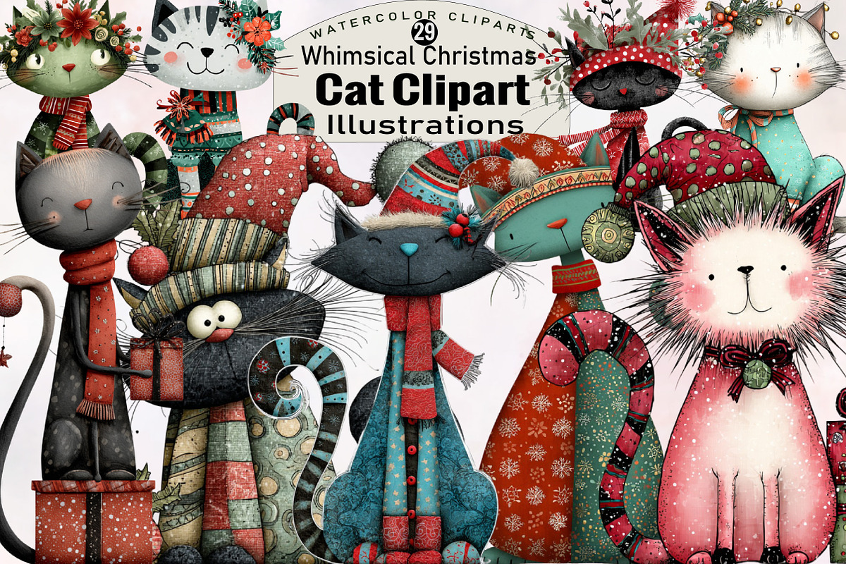 Whimsical Christmas Cat Clipart Bund, an Illustration by SVGArt (Photo 1 of 8)
