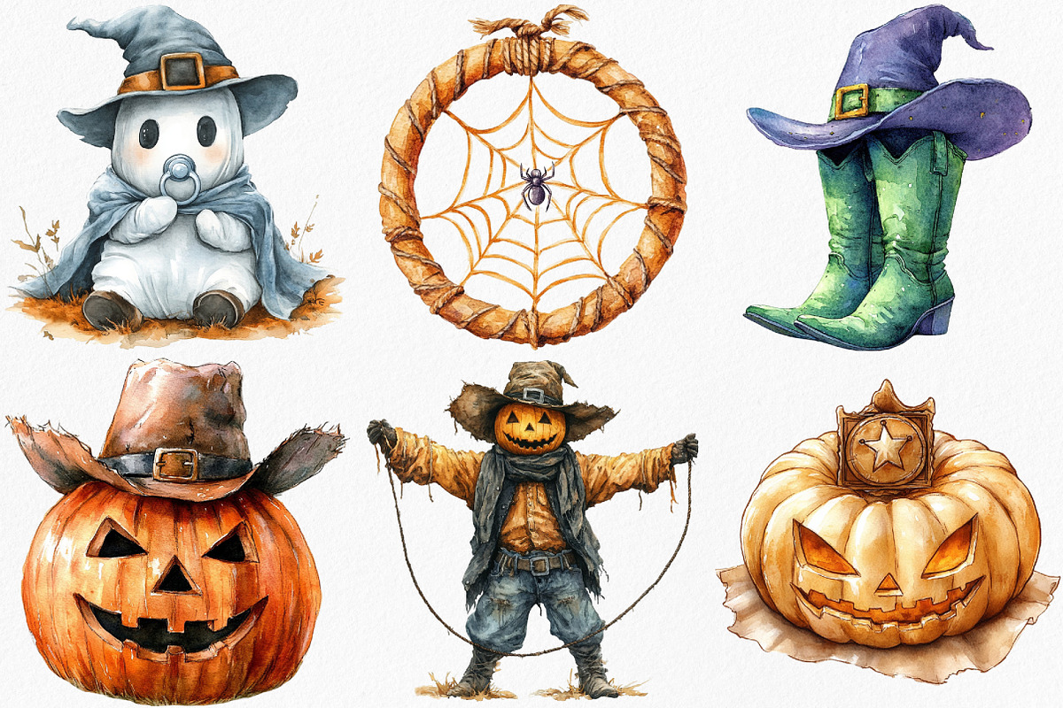 Watercolor Cowboy Halloween Clipart, an Illustration by Canvas Craft (Photo 2 of 7)
