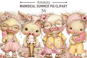 Whimsical Summer Pig Clipart, an Illustration by designcity5