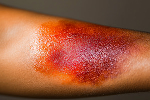 Close up of a severe red sunburn, a Health & Medical Photo by MistyDay