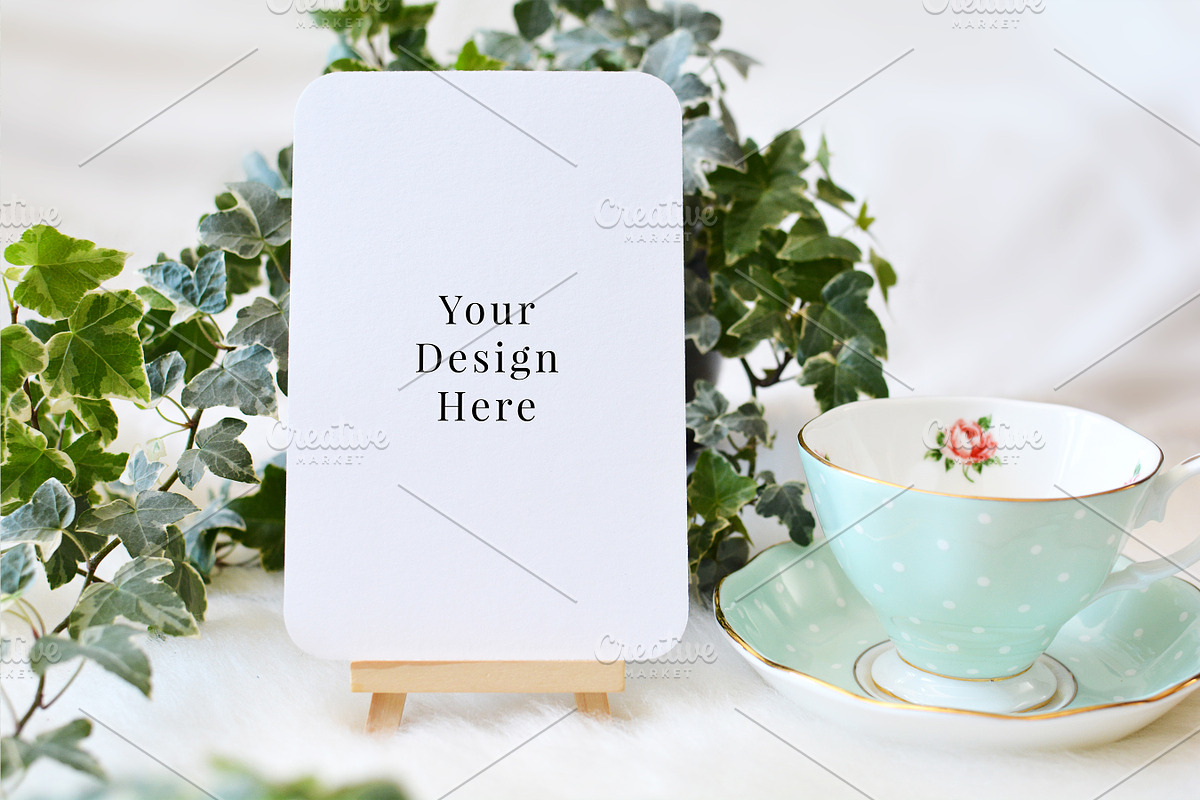 Rounded Card Ivy & Teacup Mockup, a Print Template by Barn Owl Studio