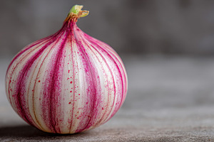 Unique striped onion on wooden table, a Photo by Beautiful things