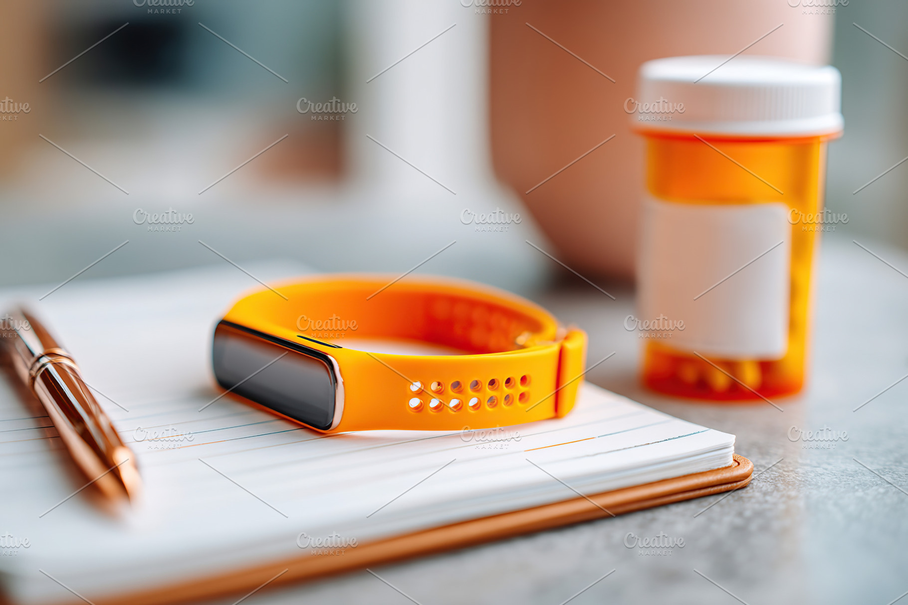 Smart medical wristband placed beside a pill bottle on a notebook in a health-f, a Photo by AlyaAnd