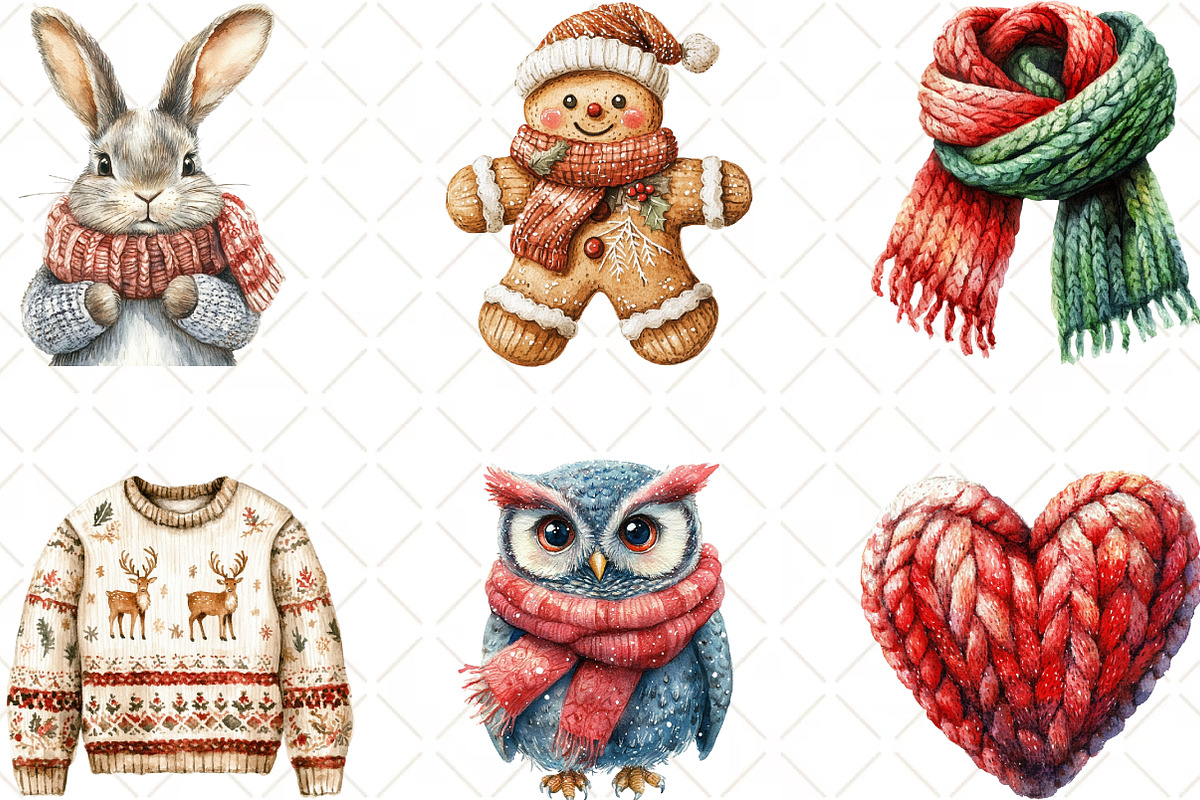 Watercolor Christmas Knitted Clipart, an Illustration by Black Bird Studio (Photo 3 of 6)