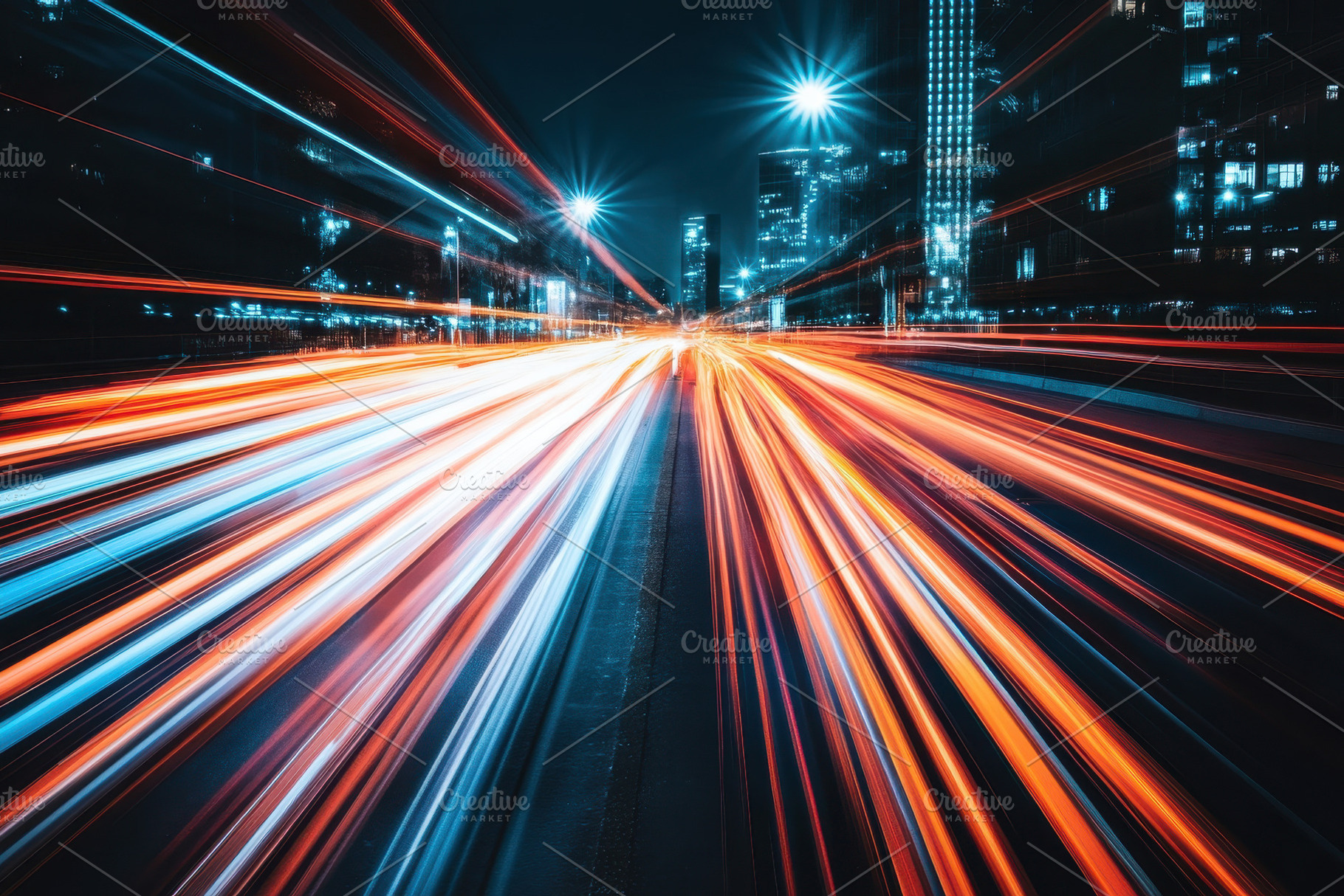 City lights create vibrant patterns, a Photo by Tanuart