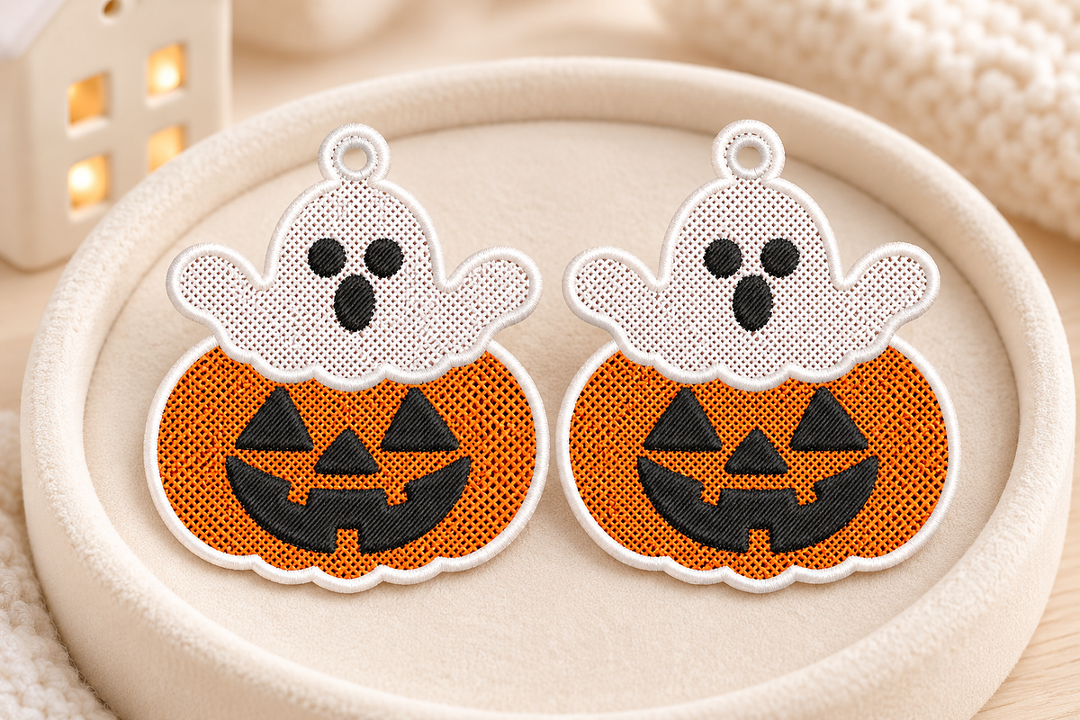 Ghost Pumpkin Earrings Embroidery, an Object Graphic by Craft Nest (Photo 2 of 4)