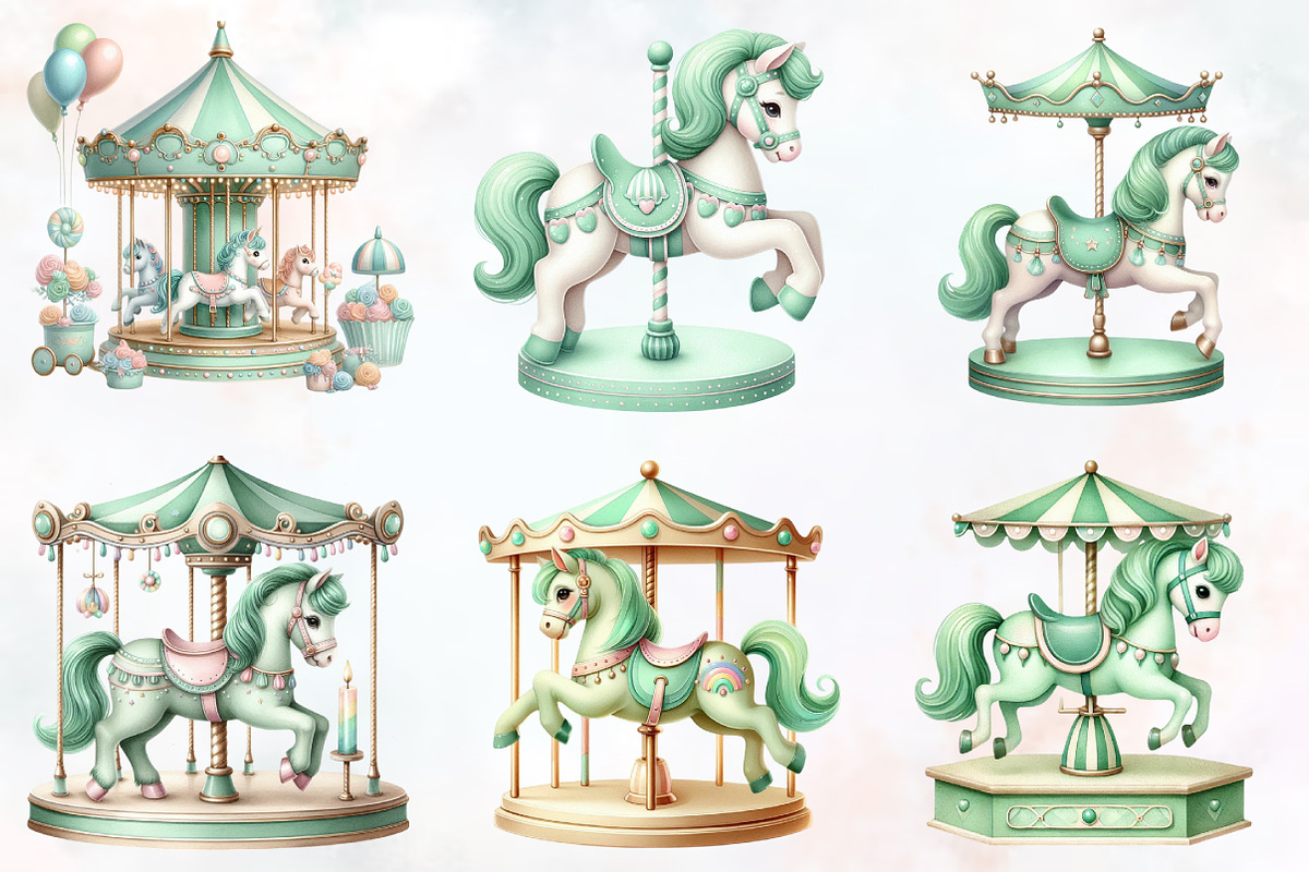 Green Nursery Carousel Horses Clipar, an Illustration by RobertsArt (Photo 3 of 7)